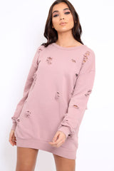 Pink Distressed Detail Sweatshirt Jumper Dress - Ivy-Jumper
