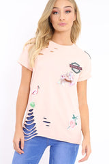 Pink Distressed Embellished T-Shirt - Arya-Tops