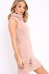 Pink Distressed Turtleneck Jumper Dress - Jenni-Dresses