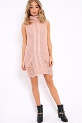 Pink Distressed Turtleneck Jumper Dress - Jenni-Dresses