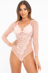 Pink Dobby Mesh Low Cut Bodysuit - Tamara-Bodysuits
