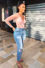 Pink Dobby Mesh Low Cut Bodysuit - Tamara-Bodysuits