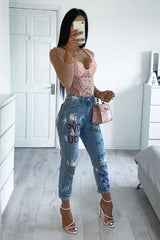 Pink Dobby Mesh Low Cut Bodysuit - Tamara-Bodysuits