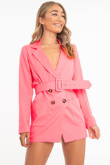 Pink Double Breasted Button Front Belted Blazer - Huda-Blazers