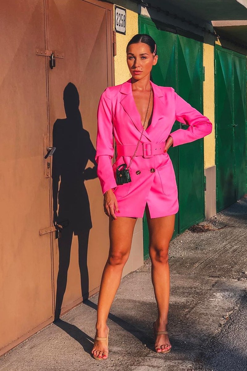 Pink Double Breasted Button Front Belted Blazer - Huda-Blazers
