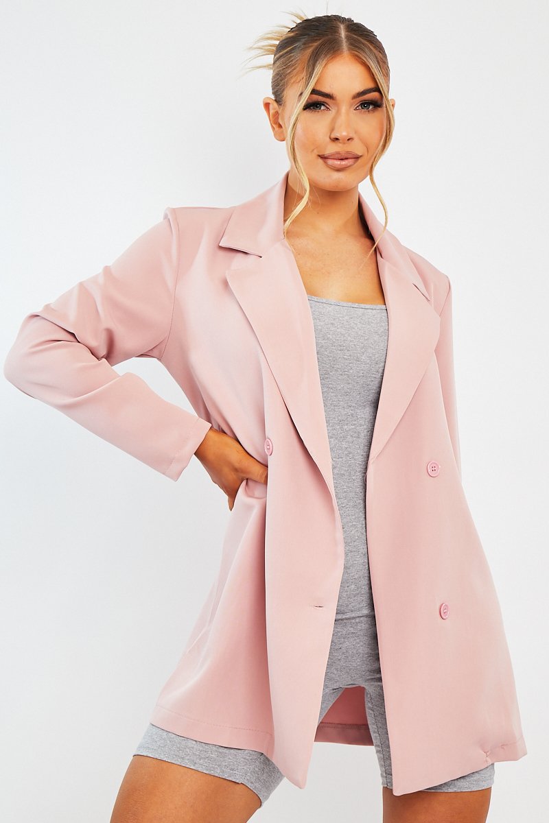 Pink Double Breasted Longline Blazer - Izelle-Blazers