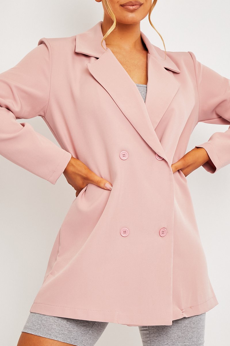 Pink Double Breasted Longline Blazer - Izelle-Blazers