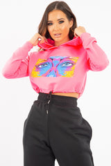 Pink Elasticated Cropped Hoodie with Graphic Print - Montanna-Hoodies