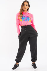 Pink Elasticated Cropped Hoodie with Graphic Print - Montanna-Hoodies