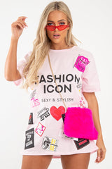 Pink Fashion Icon Slogan Print T-Shirt - Raeonna-T-shirt
