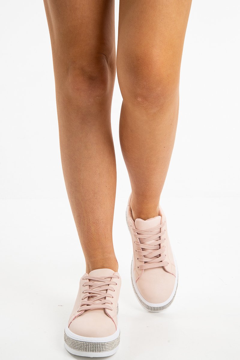 Pink Faux Leather Diamante Cleated Sole Trainers - Jevaeh-Trainers