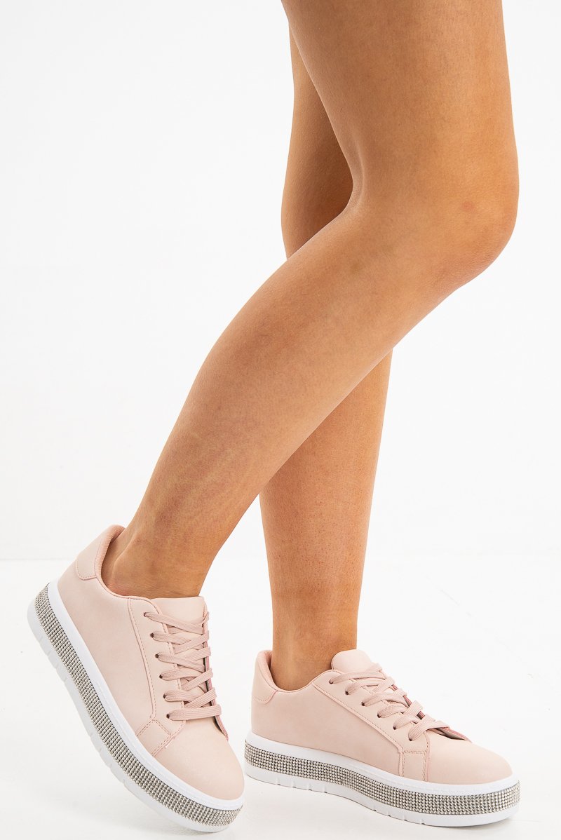 Pink Faux Leather Diamante Cleated Sole Trainers - Jevaeh-Trainers