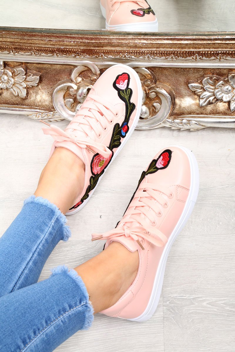 Pink Faux Leather Floral Trainers - Kory-Trainers
