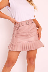 Pink Faux Leather Pleated Belted Mini Skirt - Bex-Skirts