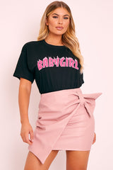 Pink Faux Leather Wrap Detail Mini Skirt - Carah-Skirts