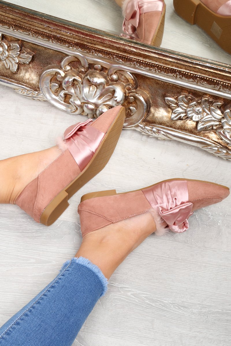 Pink Faux Suede Bow Front Loafers - Geena-Flats