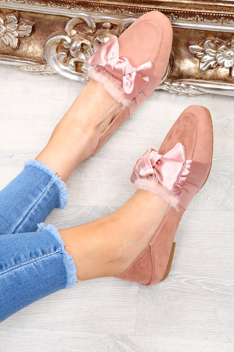 Pink Faux Suede Bow Front Loafers - Geena-Flats