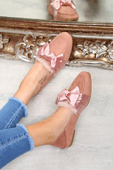 Pink Faux Suede Bow Front Loafers - Geena-Flats