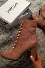 Pink Faux Suede Button Detail Ankle Boots - Hadlyn-Boots