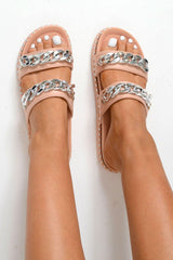 Pink Faux Suede Chain Sliders - Hinsley-Sliders