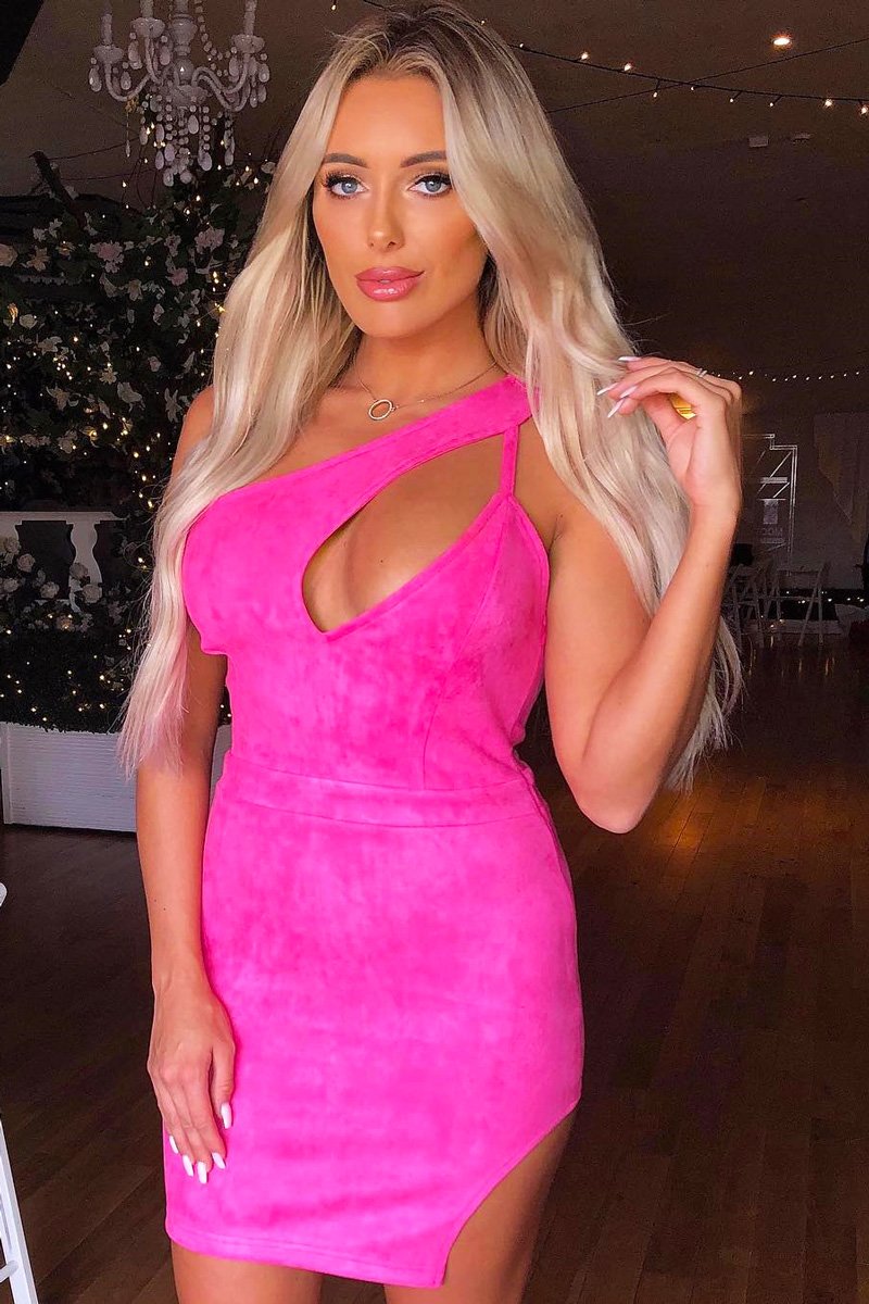 Pink Faux Suede Cut Out One Shoulder Mini Dress - Leihla-Dresses