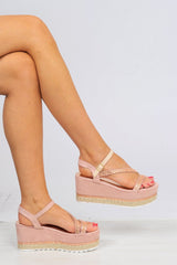 Pink Faux Suede Dimante Ankle Strap Wedges - Clarah-Shoes