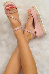 Pink Faux Suede Dimante Ankle Strap Wedges - Clarah-Shoes