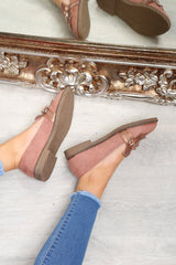 Pink Faux Suede Embellished Front Flats - Jelisa-Flats