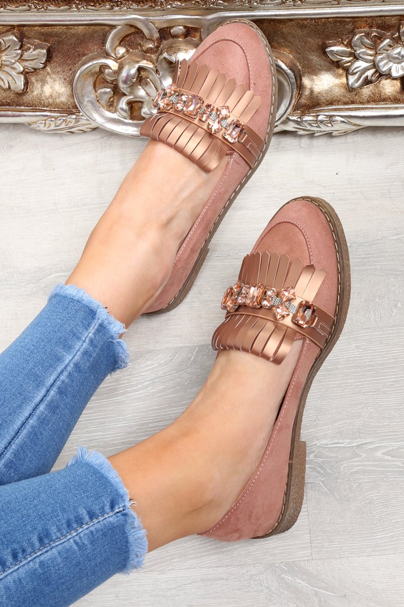 Pink Faux Suede Embellished Front Flats - Jelisa-Flats
