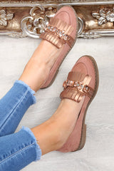 Pink Faux Suede Embellished Front Flats - Jelisa-Flats