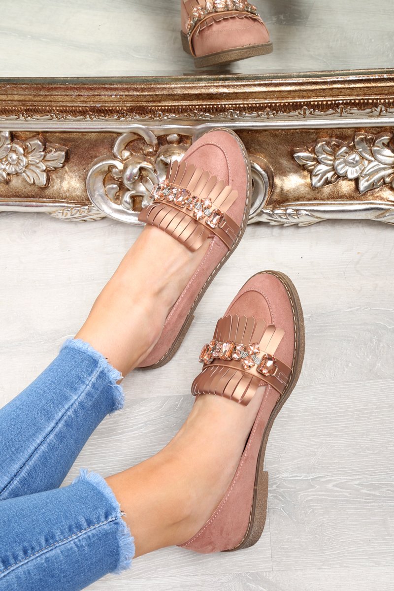 Pink Faux Suede Embellished Front Flats - Jelisa-Flats
