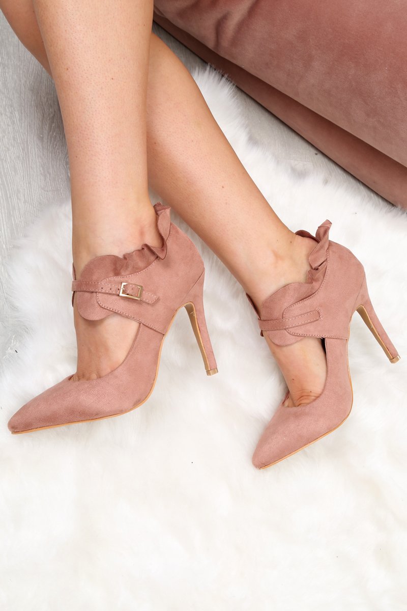 Pink Faux Suede Frill Court Heels - Brynna-Heels