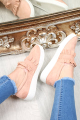 Pink Faux Suede Frill Slip On Trainers - Nara-Trainers