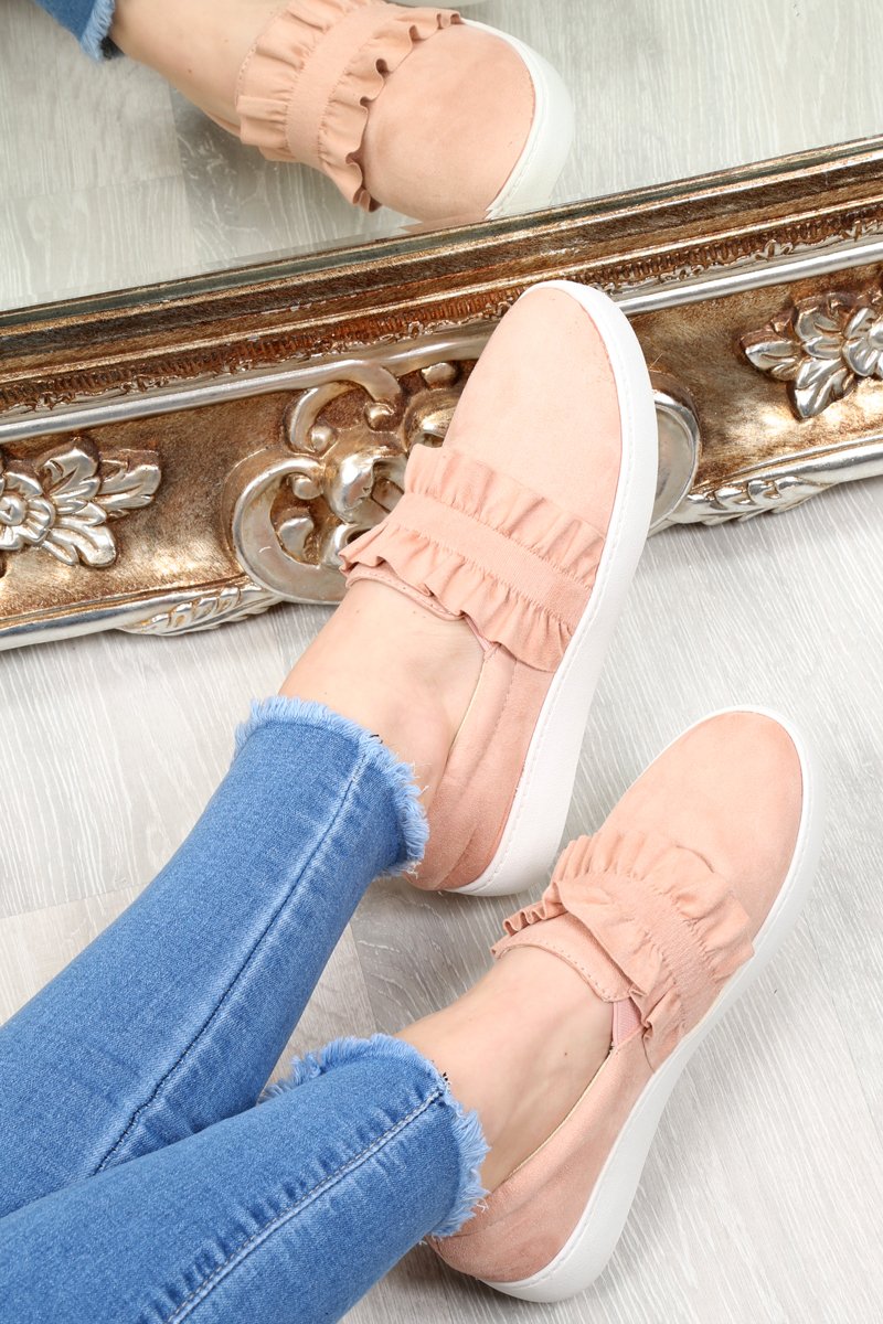 Pink Faux Suede Frill Slip On Trainers - Nara-Trainers