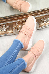 Pink Faux Suede Frill Slip On Trainers - Nara-Trainers