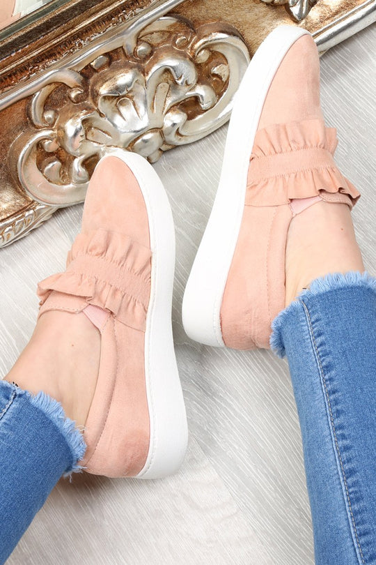 Pink Faux Suede Frill Slip On Trainers - Nara