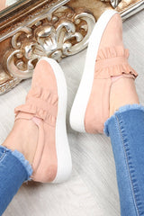 Pink Faux Suede Frill Slip On Trainers - Nara-Trainers