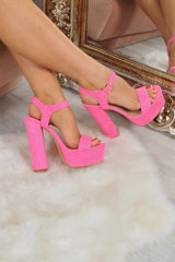 Pink Faux Suede Gold Buckle Block Heels - Abreana-Heels