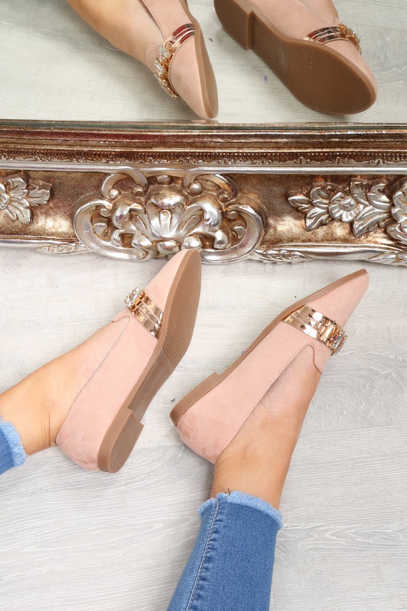 Pink Faux Suede Jewel Front Flats - Hadley-Flats