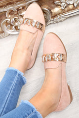 Pink Faux Suede Jewel Front Flats - Hadley-Flats