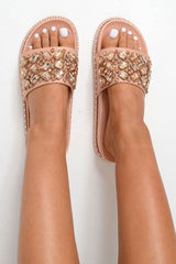 Pink Faux Suede Jewel Sliders - Cosette-Sliders