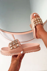 Pink Faux Suede Jewel Sliders - Cosette-Sliders