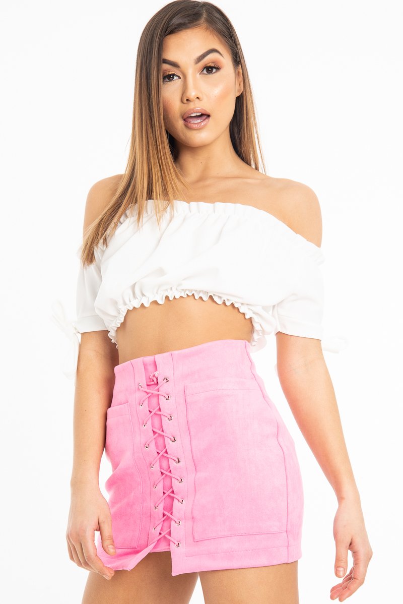Pink Faux Suede Lace Up Mini Skirt - Evelise-Skirts