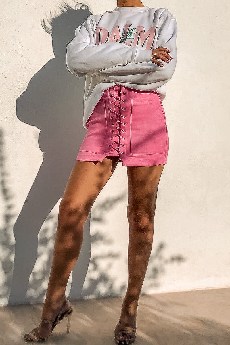 Pink Faux Suede Lace Up Mini Skirt - Evelise-Skirts
