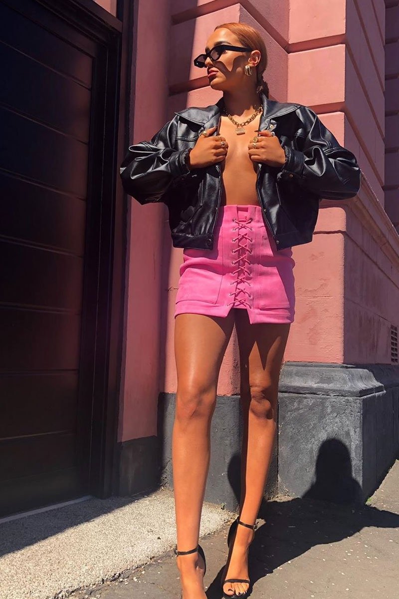 Pink Faux Suede Lace Up Mini Skirt - Evelise-Skirts