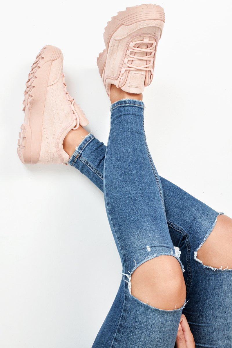 Pink Faux Suede Lace Up Sole Detail Trainers - Aviana-Trainers