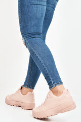 Pink Faux Suede Lace Up Sole Detail Trainers - Aviana-Trainers
