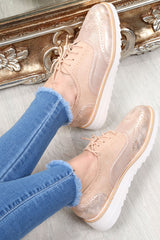 Pink Faux Suede Lace Up Wedged Brogue Trainers - Tonya-Trainers