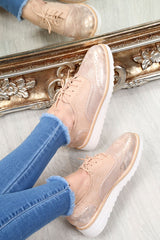 Pink Faux Suede Lace Up Wedged Brogue Trainers - Tonya-Trainers