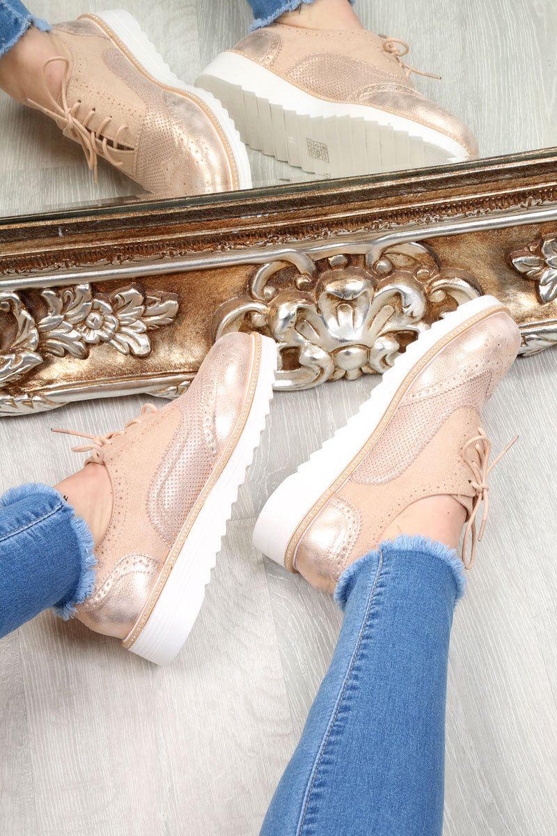 Pink Faux Suede Lace Up Wedged Brogue Trainers - Tonya-Trainers